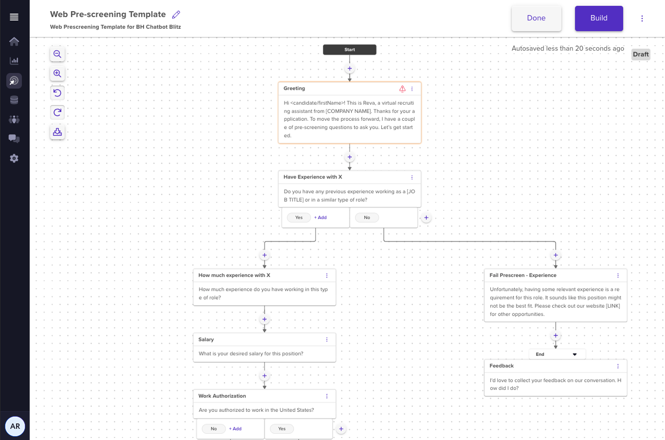 Chatbot Builder 1.0 interface showing basic conversational flow